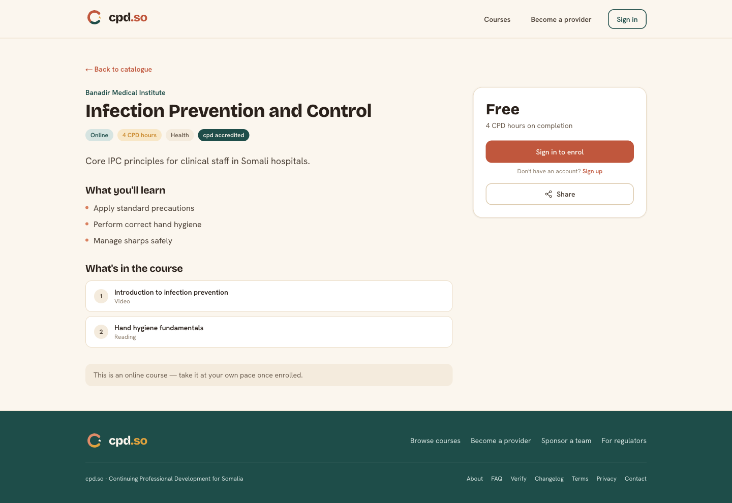 A course detail page — online