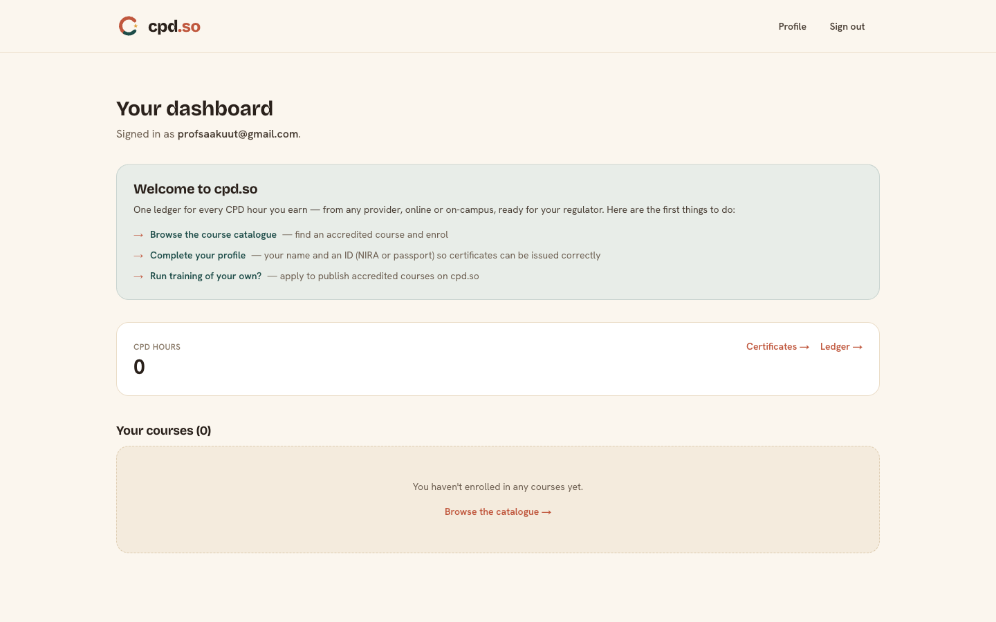 Dashboard, first sign-in