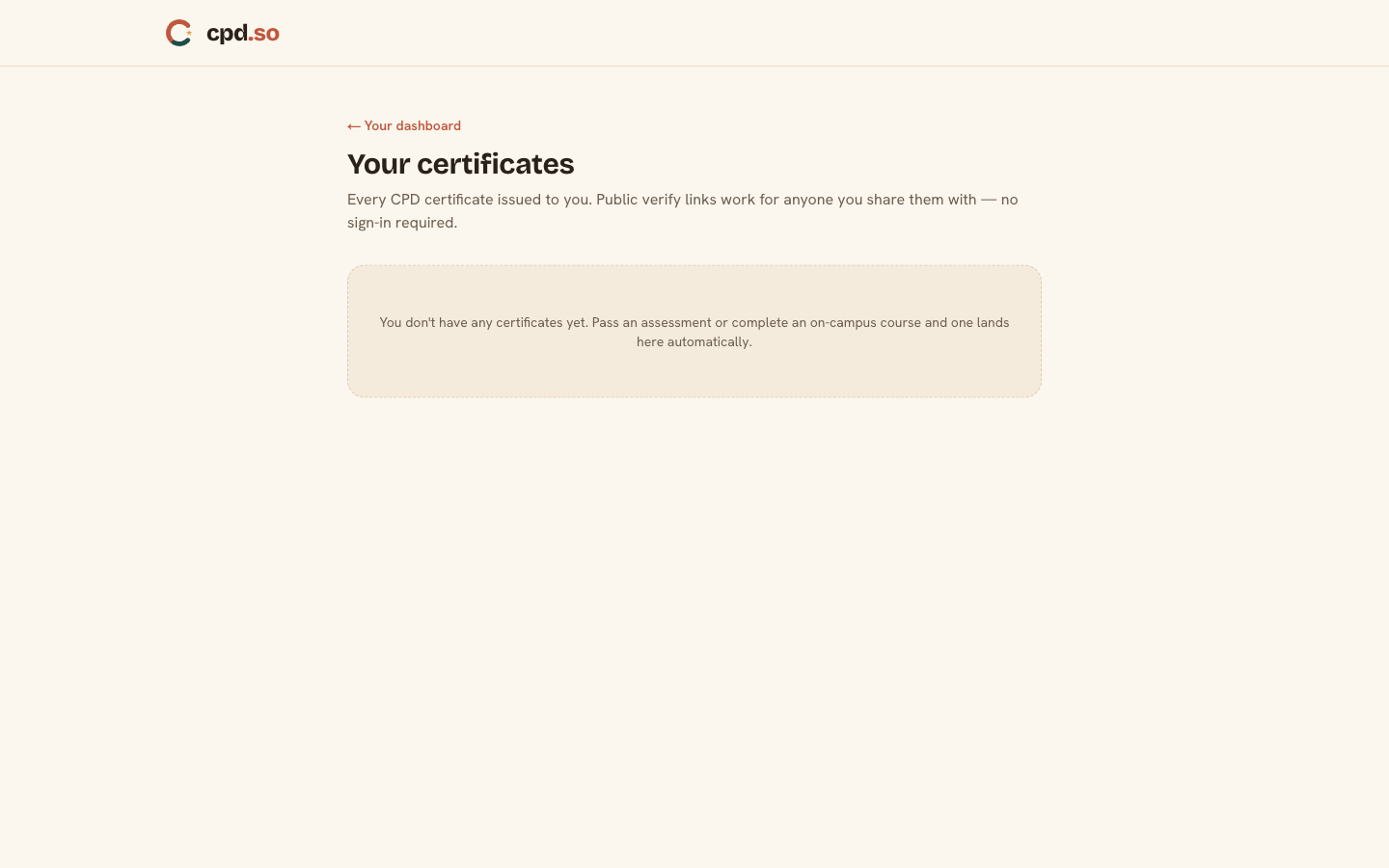 /dashboard/certificates — your issued certificates