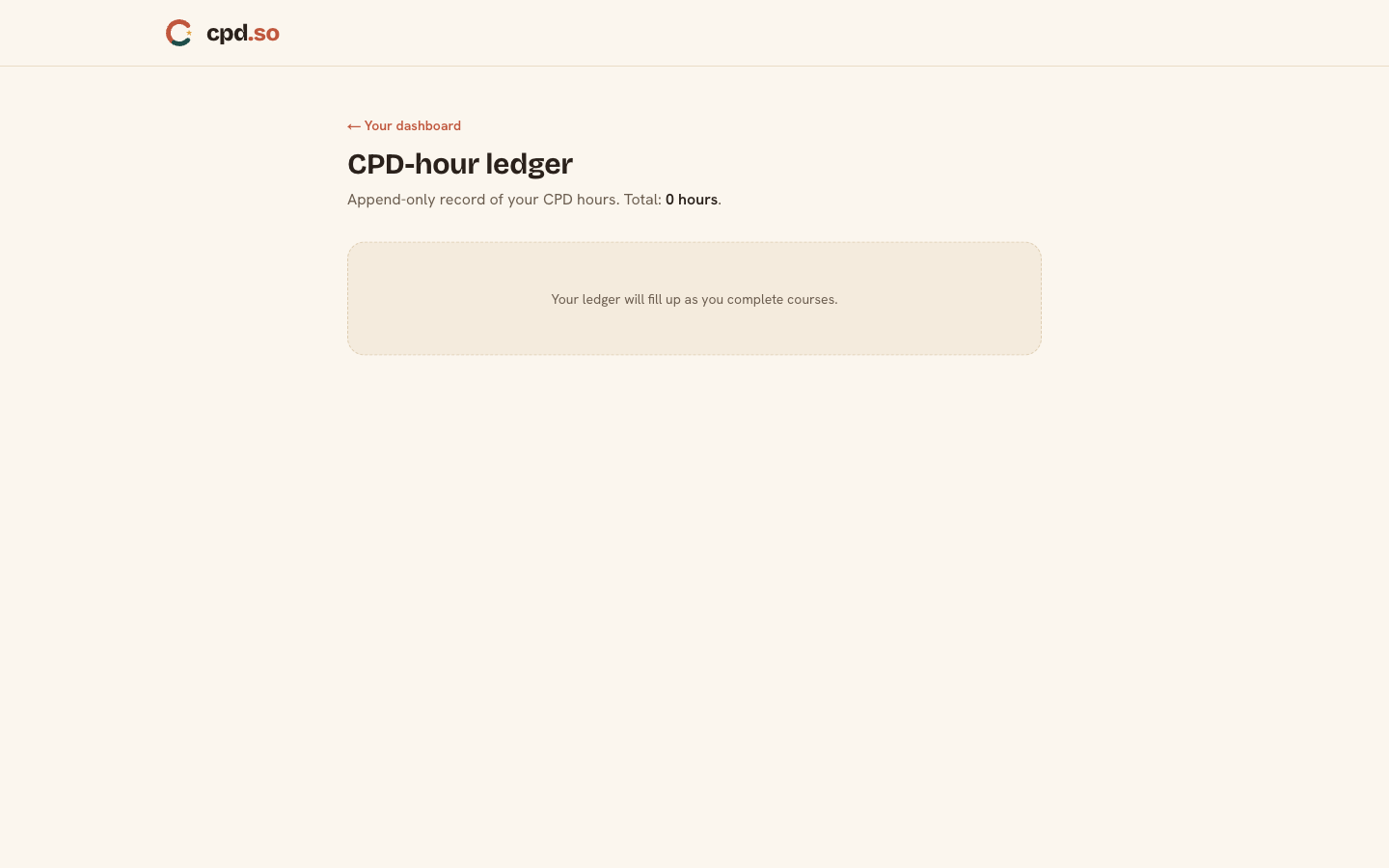 /dashboard/ledger — every CPD hour, in order