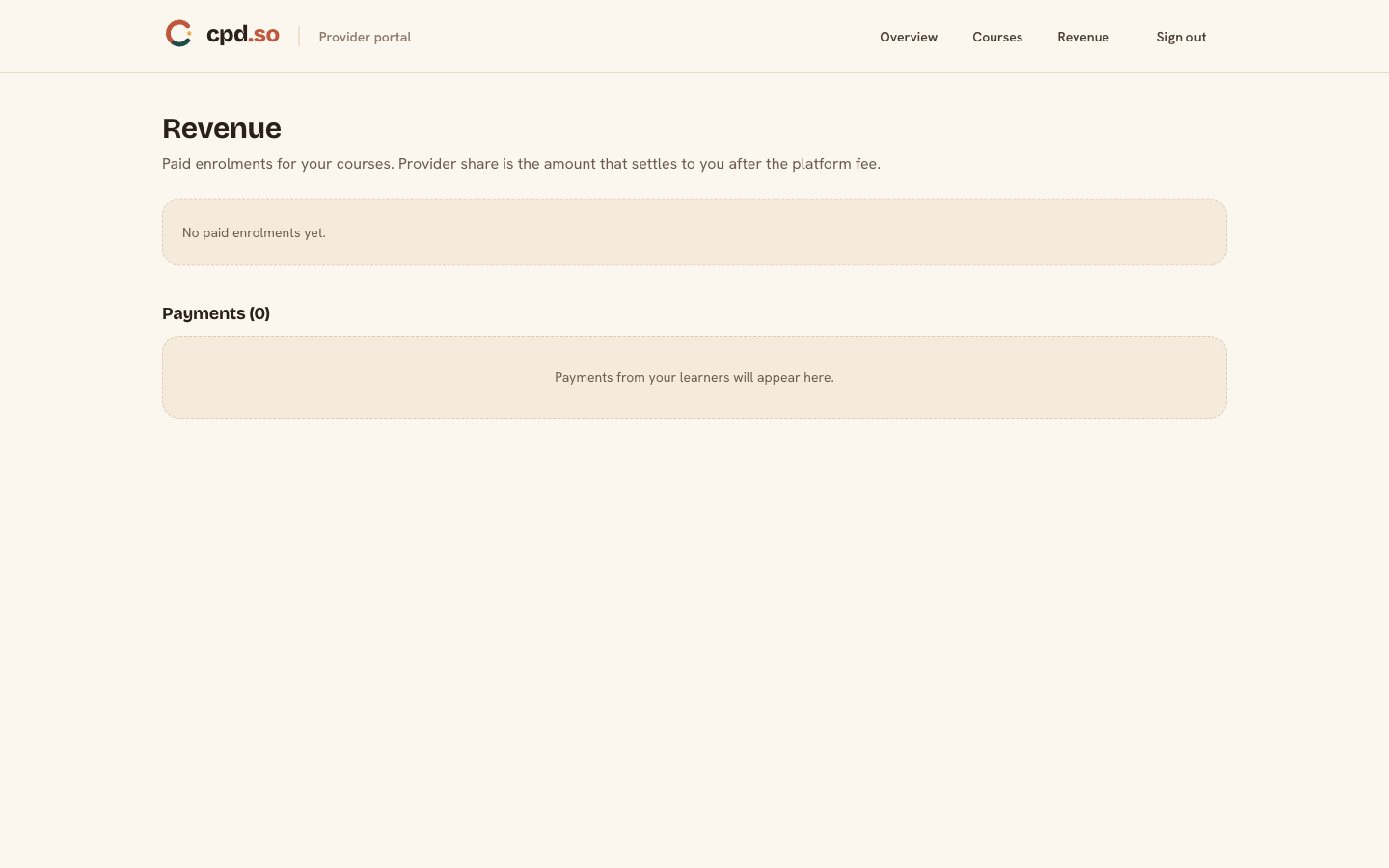 /provider/revenue — payouts + platform-fee split